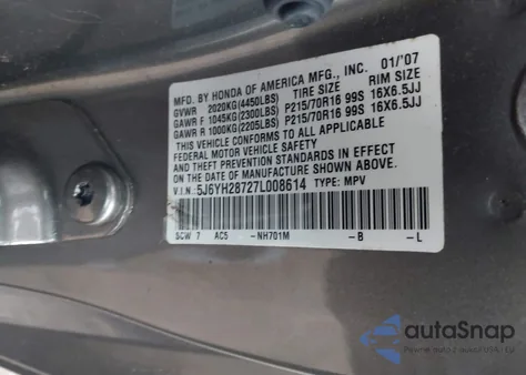 2007 Honda Element Ex z USA, uszkodzony, nr VIN 5J6YH28727L008614